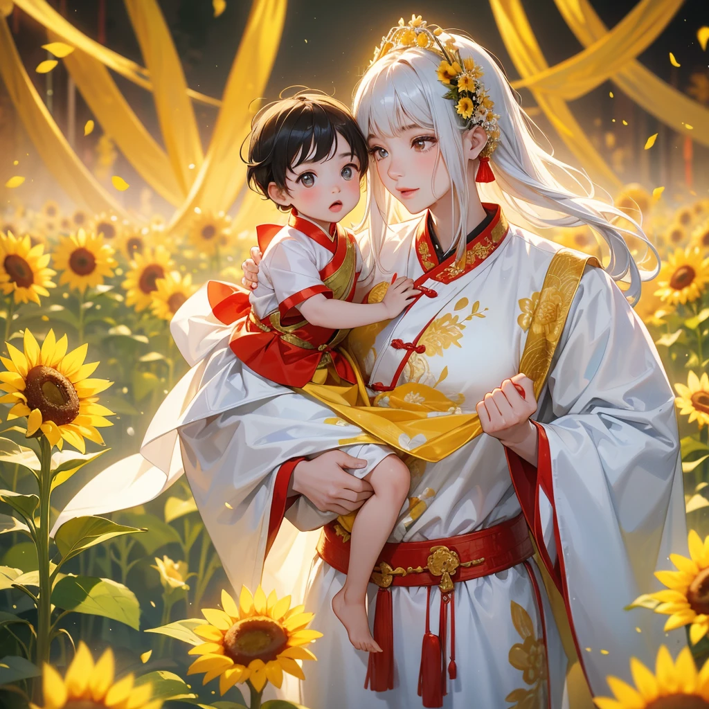 A -yead bab an ancient Chinese baby costume wiis beautiful mother, dressed in an white ancient Chinese costume, Strolling among the sunflower fields Glowing yellow, playing with each other, with his handsome father standing next to his mother, close up.