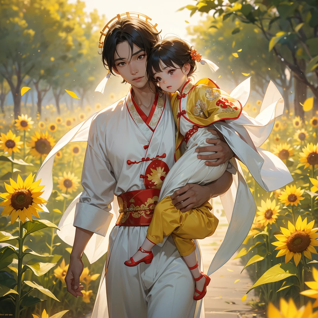 A one-year-old baby boy in an ancient Chinese baby costume with his beautiful mother, dressed in an white ancient Chinese costume, Strolling among the sunflower fields Glowing yellow, playing with each other, with his handsome father standing next to his mother, close up.