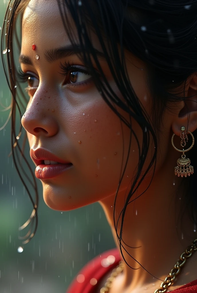 South indian girl, rain drops on face , perfect masterpiece , extremly detailed CG UNITY 32K UHD quality resolution wallpaper, photorealistic, Raw photo, perfect photogenic clarity, official art, ultra hyper-realistic, ultra hyper-detailed, shiny realistic skin, ray tracing, unreal engine 5.8K, glowing ambient light cyberpunk, portrait anime
