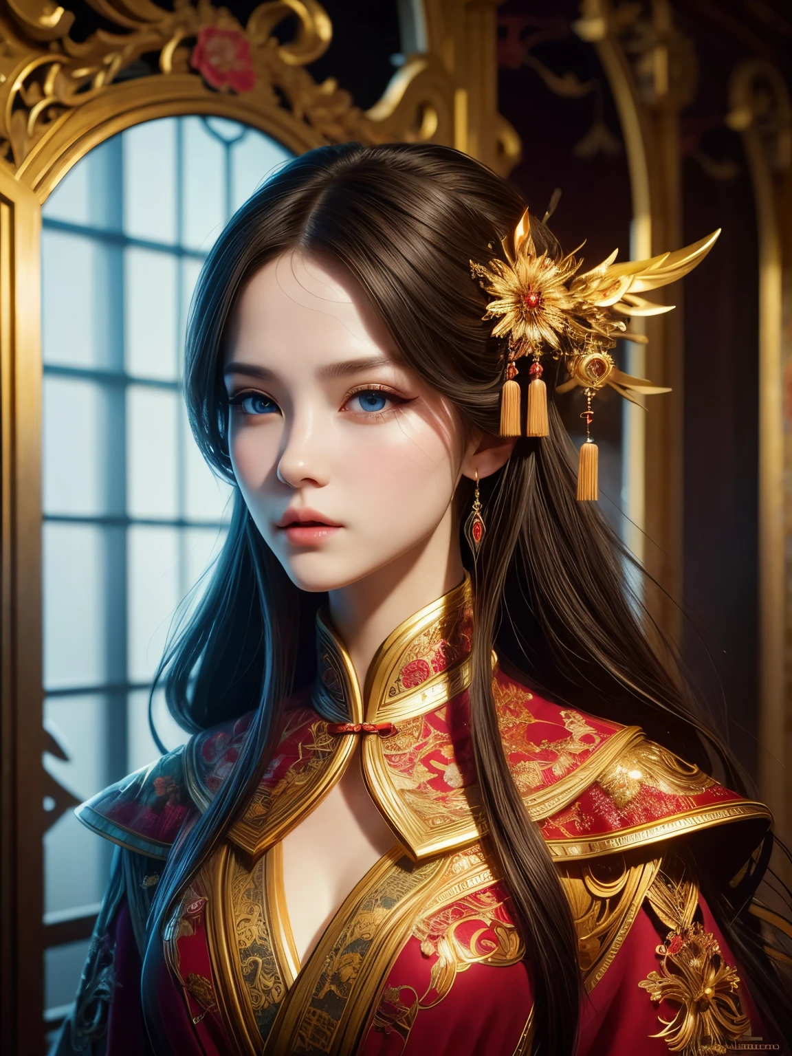 (high quality), (masterpiece), (detailed), 8K, Hyper-realistic portrait of (Chinese maiden1.3) adorned in intricately designed (fantasy attire1.2) with (delicate silk1.2) and (exquisite embroidery1.2). (Intricate hairstyle1.2) frames her (porcelain-like complexion1.2) as she gazes serenely into the distance, her (luminous eyes1.3) shining with an otherworldly intensity. Trending on Artstation.