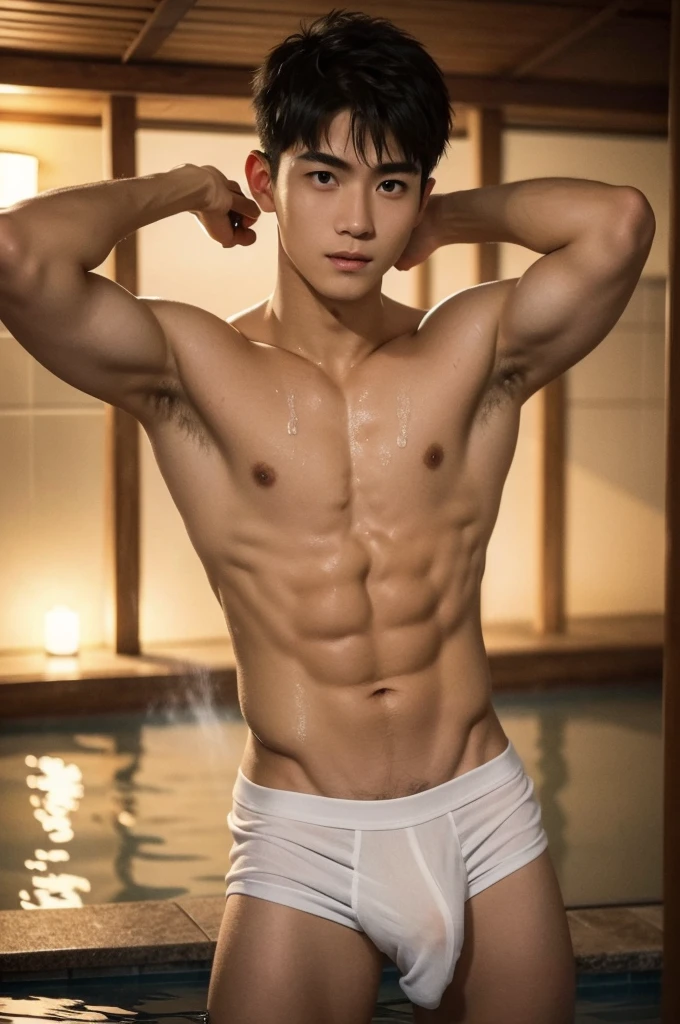 ager, Slim fit body, teeny, Shota, very cute boy face, 15 yearsby face, young kids, Very young teenager boy, Amazinpanese Onsen scenery, Outdoors, he wore a small transparent towel covering half of his big dick, Sweat dripping all over the body, sweat covering all over the body, bathing in japanese outdoors Onsen, Full body photo, wearing Very tiny towel, Proudly showing off his sweaty very hairy armpits to audience in japanese Onsen, completely naked just wearing thin Tiny white towel, 15 years old boy, very ynematic soft lighting illuminates a stunningly detailed and ultra-realistic handsome korean male supermodel, ultra messy curly hair, clear honey eyes, captivating perfect smile, sensual, hot man, insanely handsome, showing off his sweaty body, very sixpack muscular body build, slender, toned, full body, 8k, photography, masterpiece, detailed face, detailed eyes, sexy, beautiful abdomen and beautiful legs and a detailed big hard bulge, expression of ecstasy, excited, slim, detailed eyes and lips, sixpack and fit body. Image quality is of the highest standard, with ultra-detailed features and a realistic appearance. The colors are bright and vibrant, enhancing the overall aesthetic. The lighting is soft and natural, casting a soft glow on the boy, don't merge body's