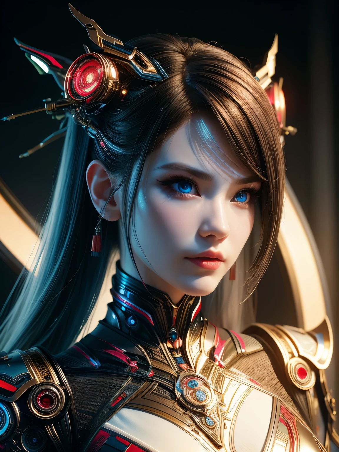 (high quality), (masterpiece), (detailed), 8K, Hyper-realistic portrait of (Chinese cyborg maiden1.3) clad in (futuristic fantasy attire1.2) with (neon-lit accents1.2) and ( metallic embroidery1.2). (Sleek, high-tech hairstyle1.2) frames her (porcelain-like complexion1.2) as she gazes intensely into the distance, her (cybernetic eyes1.3) glowing with a soft, ethereal light. Trending on DeviantArt.