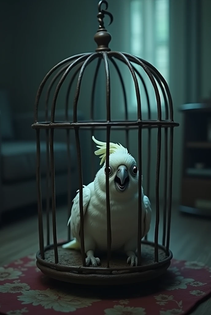 A small white parrot with wide beedy eyes scared sulking down inside a cage in a living room, nightmare
