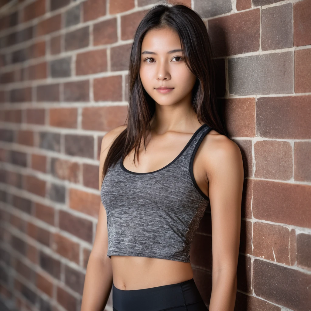 Yui, photo of female, age 15 year, black shoulder length hair with brown highlights; (dslr, ultra quality, film grain, Fujifilm XT3, crystal clear, 8K UHD, highly detailed glossy eyes, high detailed skin, skin pores); wear plain tank top, yoga pants, wall background, big , full body photo, side view