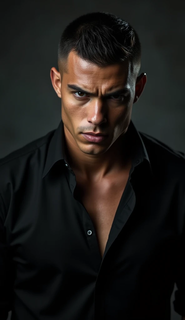 He looked relatively young with black eyes, who looked at me intensely. His slick back undercut styled hair, the broad body, the black shirt with two open buttons at the top and rolled up sleeves gave him an attractive, but also dangerous appearance. A striking face, which was characterized by a certain coldness, suggested, that this man was not easy to understand. His gaze was piercing, and his grin revealed a certain self-confidence, that caught my attention, dark background