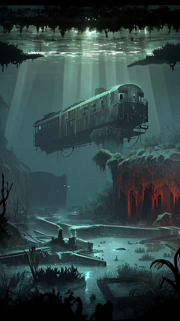 A haunting underwater scene depicting a submerged train car resting precariously at the edge of an underwater abyss. The train car, once part of a railway, now lies forgotten, partially tilted as if it’s about to fall into the deep trench below. The metal exterior of the train is aged and covered in algae, giving it an eerie, abandoned look. The scene is bathed in a cold, greenish light filtering through the water, which adds to the ominous atmosphere. The railway tracks leading to the abyss are covered in silt and marine growth, emphasizing the passage of time. The surrounding water is dark and murky, with small particles floating, enhancing the feeling of desolation and mystery. In the background, faint beams of light struggle to penetrate the depths, casting a faint glow over the sunken relic. The overall mood is one of melancholy and mystery, evoking thoughts of lost history and the secrets hidden beneath the ocean's surface.