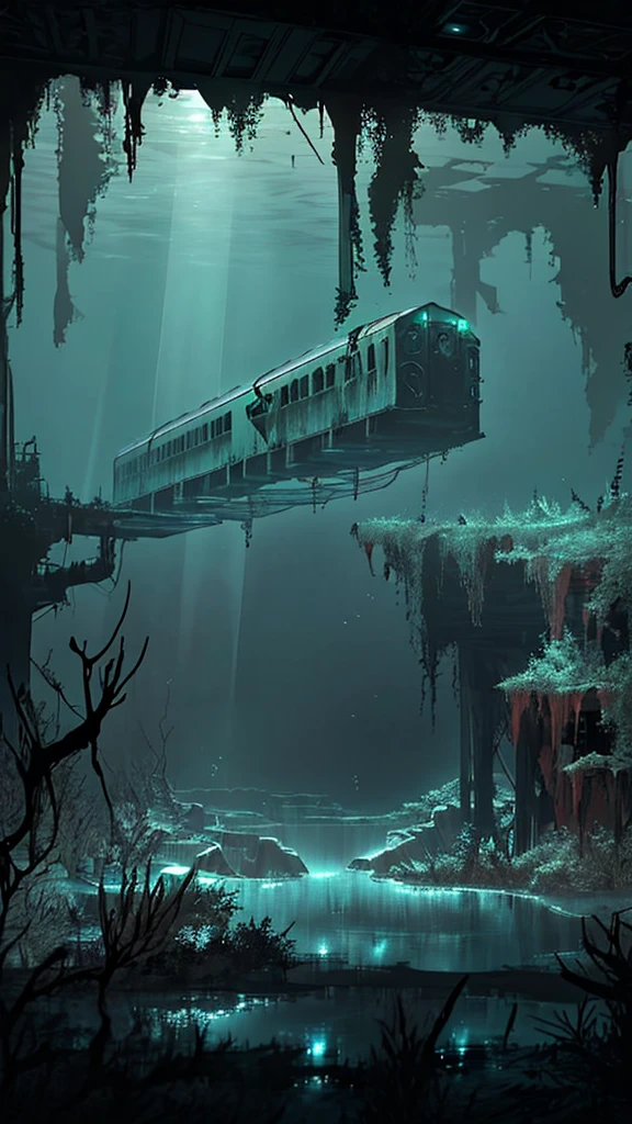 A haunting underwater scene depicting a submerged train car resting precariously at the edge of an underwater abyss. The train car, once part of a railway, now lies forgotten, partially tilted as if it’s about to fall into the deep trench below. The metal exterior of the train is aged and covered in algae, giving it an eerie, abandoned look. The scene is bathed in a cold, greenish light filtering through the water, which adds to the ominous atmosphere. The railway tracks leading to the abyss are covered in silt and marine growth, emphasizing the passage of time. The surrounding water is dark and murky, with small particles floating, enhancing the feeling of desolation and mystery. In the background, faint beams of light struggle to penetrate the depths, casting a faint glow over the sunken relic. The overall mood is one of melancholy and mystery, evoking thoughts of lost history and the secrets hidden beneath the ocean's surface.