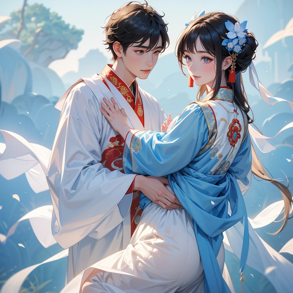 A one-year-old baby boy in an ancient Chinese baby costume with his beautiful mother, dressed in an white ancient Chinese costume, Stroll among the Nemophila fields , There are some floating clouds, playing with each other, with his handsome father standing next to his mother, close up.