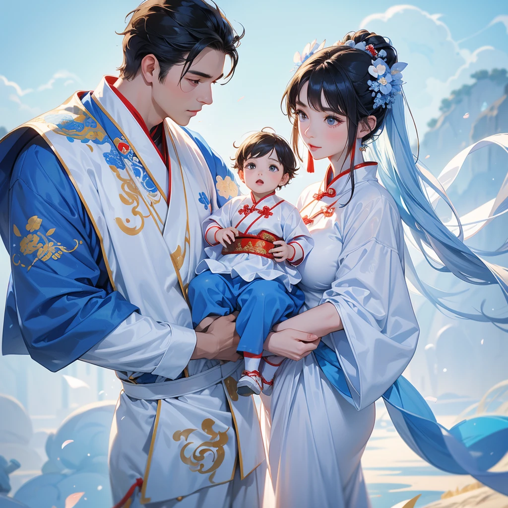 A one-year-old baby boy in an ancient Chinese baby costume with his beautiful mother, dressed in an white ancient Chinese costume, Stroll among the Nemophila fields , There are some floating clouds, playing with each other, with his handsome father standing next to his mother, close up.