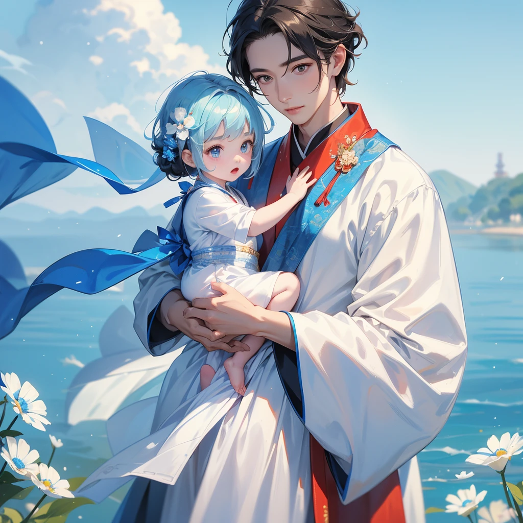 A one-year-old baby boy in an ancient Chinese baby costume with his beautiful mother, dressed in an white ancient Chinese costume, Stroll among the Nemophila fields , There are some floating clouds, playing with each other, with his handsome father standing next to his mother, close up.