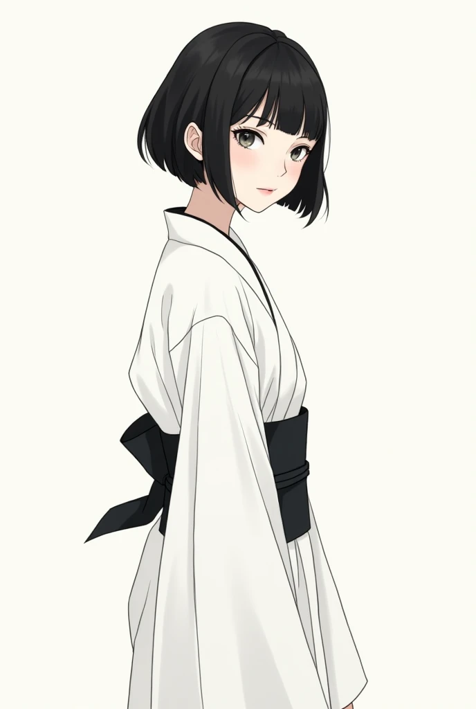 Black short hair,very short hair,grey eyes,white kimono,black obi around waist,unisex girl