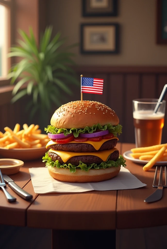 Dining room,table,Plate,A delicious burger,There's an American flag on the burger,French fries and a knife and fork on the side