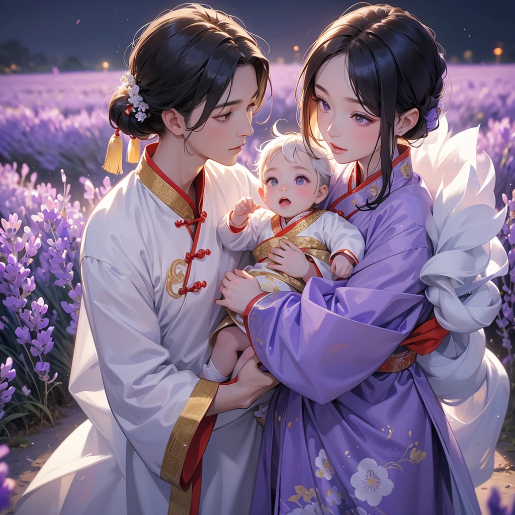 A one-year-old baby boy in an ancient Chinese baby costume with his beautiful mother, dressed in an white ancient Chinese costume, Stroll among the purple lavender fields , There are some floating clouds, playing with each other, with his handsome father standing next to his mother, close up.