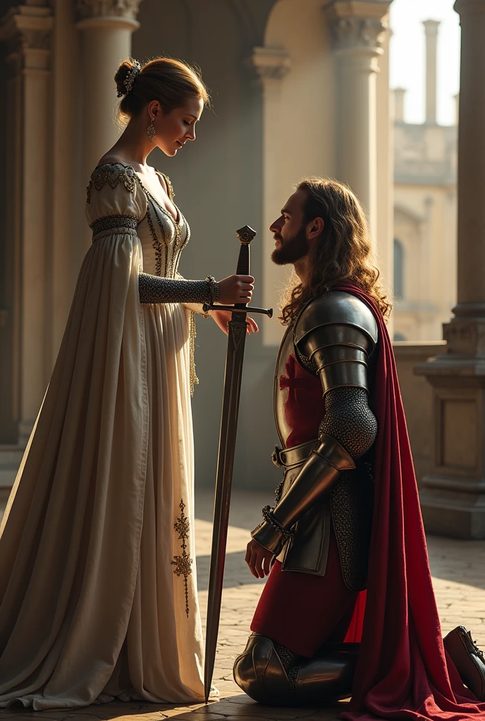 The queen places her sword on the kneeling knight shoulder, Acored, (1 woman and 1 man is existence), front view, Full-body, 13 century, French, White girl, French queen, 30 age-old, (blend hair, hair bun, little lip, little smile ) (tiara, earring), (middle breasts, slender whist, middle hip), slender body,(ancient old fashion, courtly romance), hands hold Crusader sword, sword put on knight shoulder, on floor, standing palace in London, (Englishman, 40 age-old, gold hair, long hair, beard, mustache, Serious),Cover the whole body in armor, ((He wears a cloak with a red cross on his chest)), kneeling , down head, (masterpiece, Highest quality, masterpiece, God-like quality, Godly art, Very realistic),