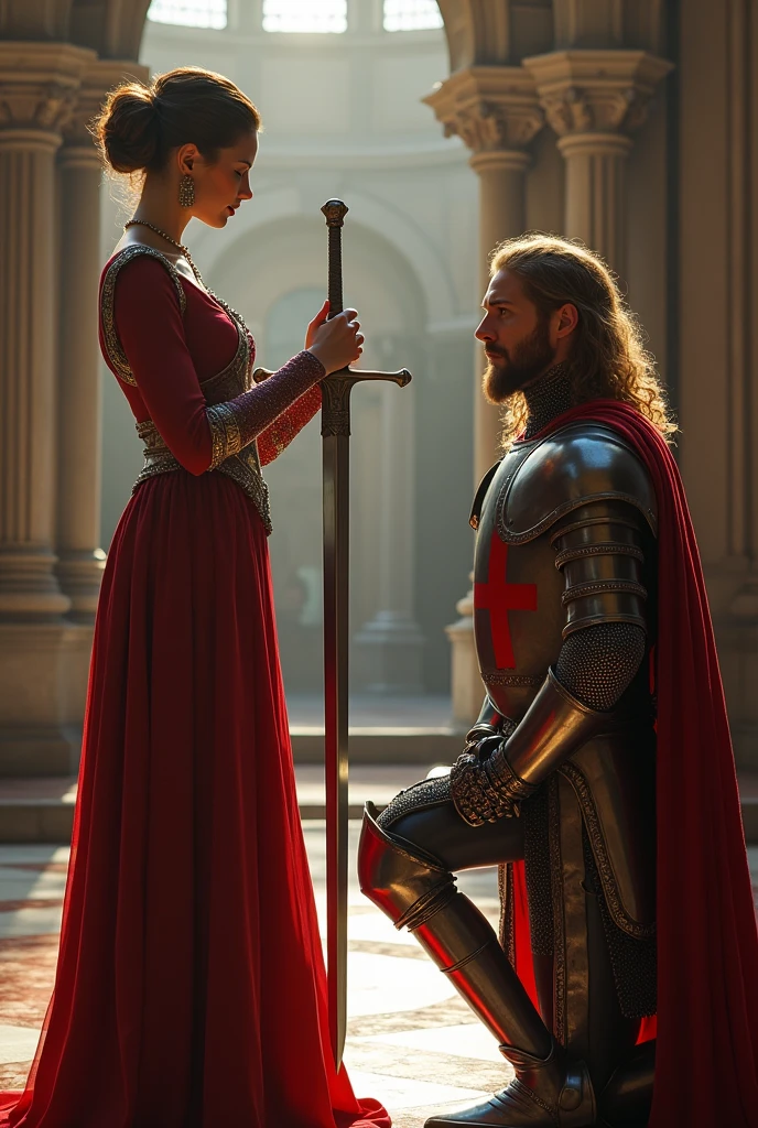 The queen places her sword on the kneeling knight shoulder, Acored, (1 woman and 1 man is existence), front view, Full-body, 13 century, French, White girl, French queen, 30 age-old, (blend hair, hair bun, little lip, little smile ) (tiara, earring), (middle breasts, slender whist, middle hip), slender body,(ancient old fashion, courtly romance), hands hold Crusader sword, sword put on knight shoulder, on floor, standing palace in London, (Englishman, 40 age-old, gold hair, long hair, beard, mustache, Serious),Cover the whole body in armor, ((He wears a cloak with a red cross on his chest)), kneeling , down head, (masterpiece, Highest quality, masterpiece, God-like quality, Godly art, Very realistic),