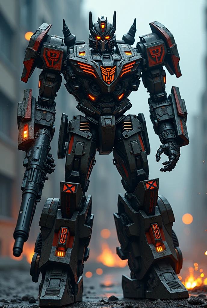 1 extremely detailed megatron decepticon robot. Organic form , highly detailed cybernetic mech, intricate biomechanical machinery, industrial metallic textures, complex sci-fi design, Megatron Nissan GT-R 35 striking pose, intense expression, glowing energy effects.samurai head, dramatic cinematic lighting, epic dramatic composition, moody dark color palette, (best quality,4k,8k,highres,masterpiece:1.2),ultra-detailed,(realistic,photorealistic,photo-realistic:1.3. bazooka on hand. Police stripe. White black. Police sirens. Michael bay. Travis Scott.