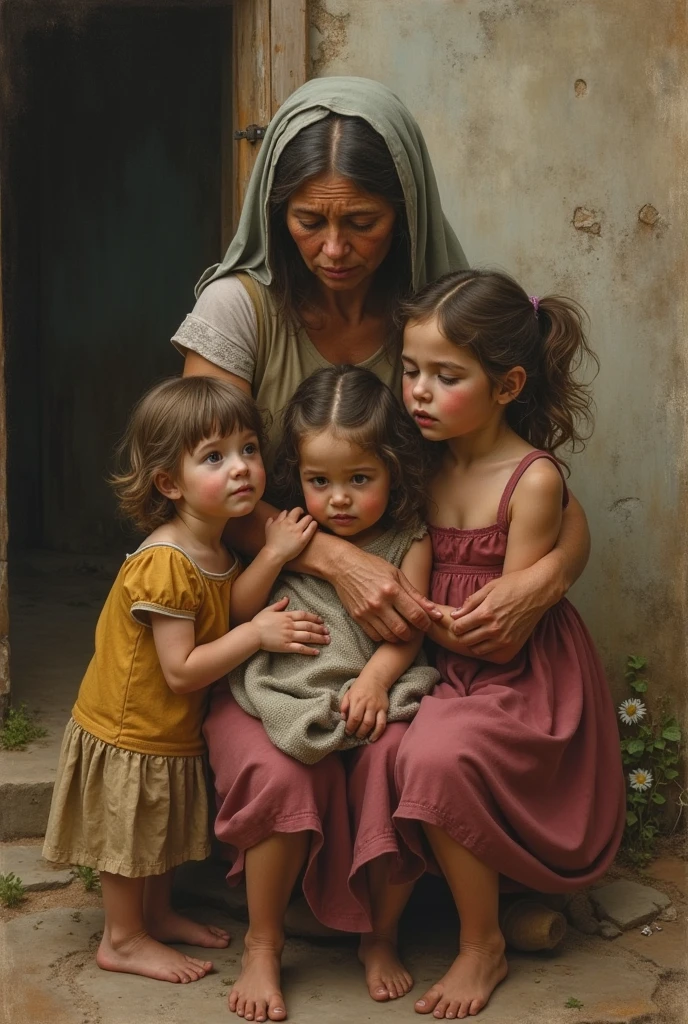 create image:There was a poor mother who gave birth to three daughters.. She loves her children very much., She takes care of her children every little thing.. poor house, Her husband died early and she had to work hard to raise her children but she never complained..