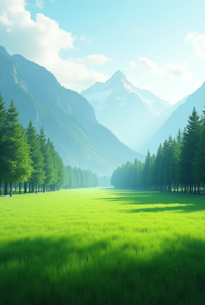 Top quality,High image quality,masterpiece,Flat grass,Behind the trees that stretch to the distant horizon are the distant mountains and the sky.,The grass takes up more than half of the picture