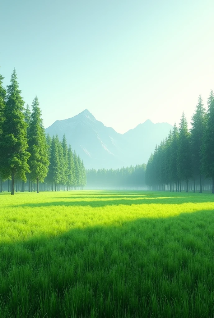 Top quality,High image quality,masterpiece,Flat grass,Behind the trees that stretch to the distant horizon are the distant mountains and the sky.,The grass takes up more than half of the picture
