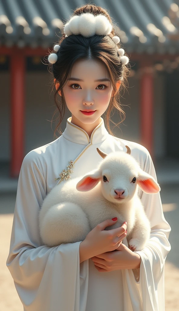 Create an Asian beauty,Beautiful big eyes,Regular facial features,Normal limbs,White traditional cheongsam,Hair in a bun,There is a lot of real foam on the scalp,The hair is covered with white real foam,Holding a cute white calf in both hands,Ancient courtyard background,9:16 frames,Ultra HD painting