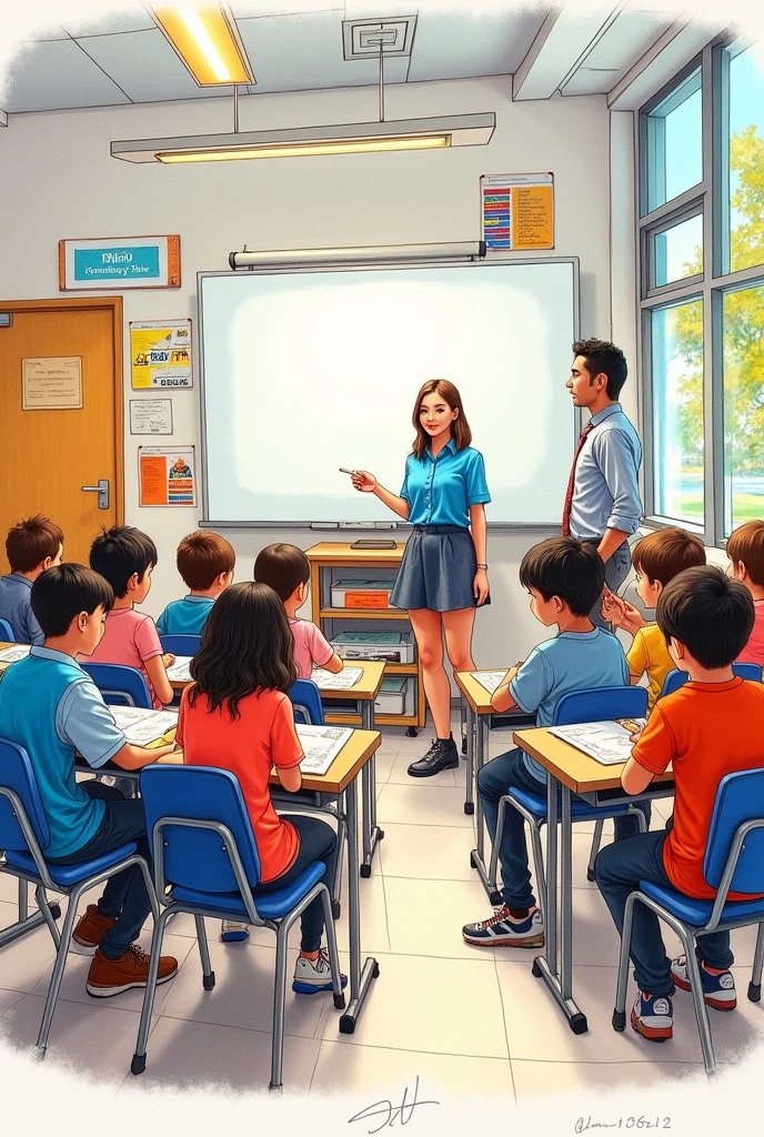 Create a classroom sketch having white board, charts, u shaped students sketches, teacher, table, window and door.