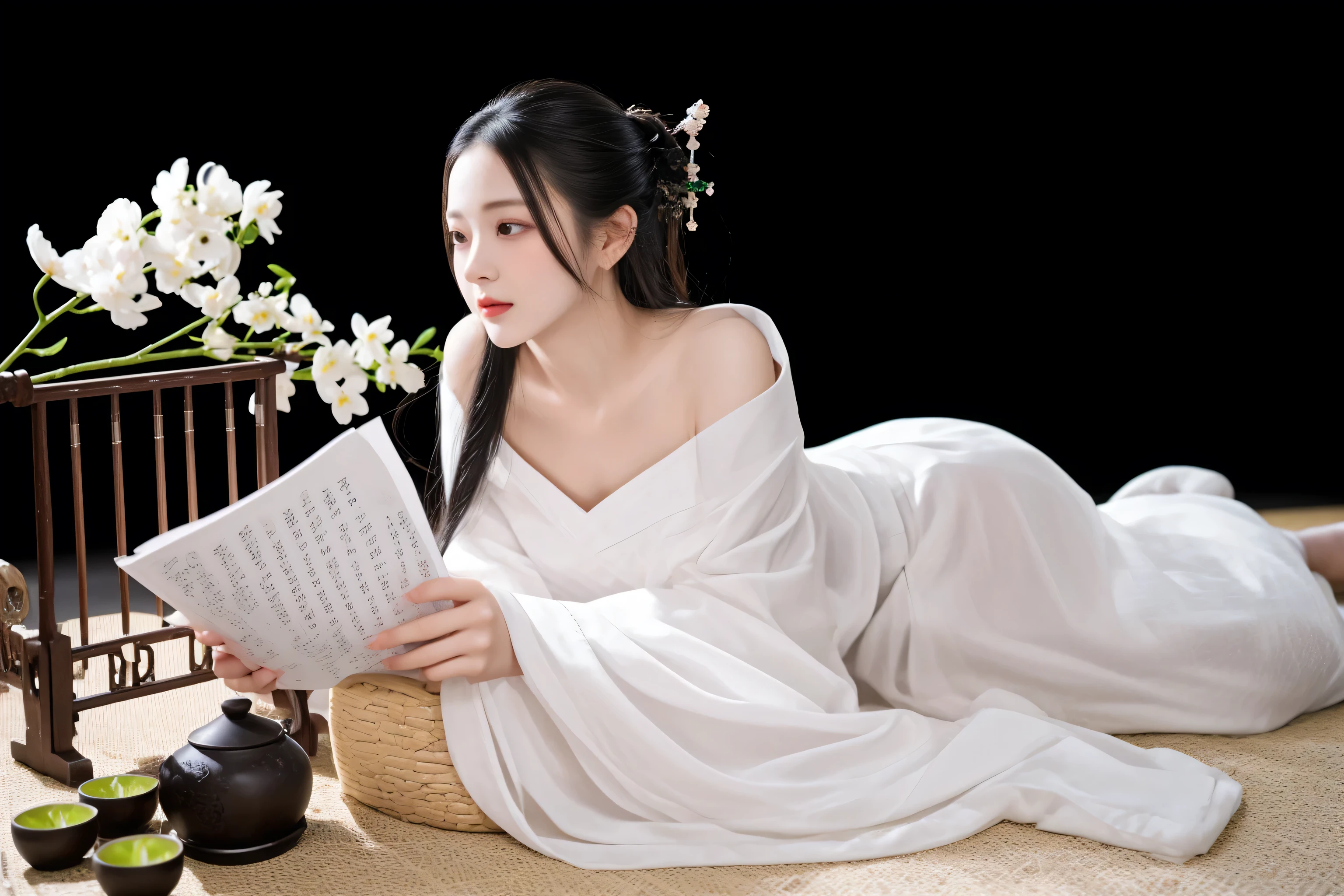 woman in white dress reading a book on a bed with a vase of flowers, white hanfu, hanfu, palace , a girl in hanfu, wearing ancient chinese clothes, a beautiful woman in white, inspired by Tang Yin, traditional chinese clothing, chinese girl, chinese woman, with acient chinese clothes, flowing white robes, traditional chinese, chinese costume
