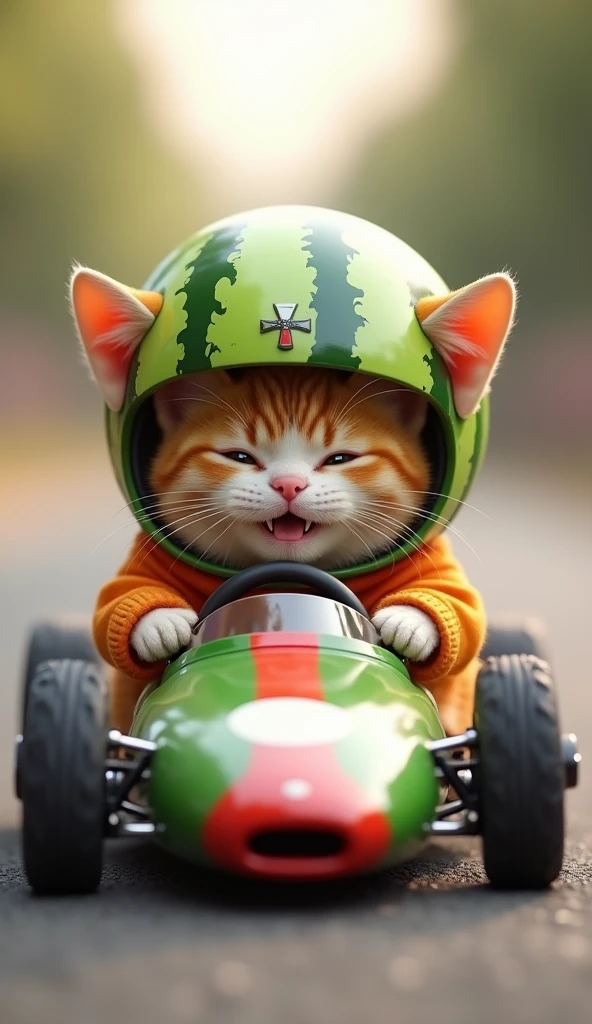 A photorealistic, 64K, image of a cute, fat cat riding a small formula car that is perfectly suited to its size. The cat is dressed in a colorful outfit, enhancing its adorable appearance. On its head, it wears a helmet made from a melon shell, but both of his ear hidden in melon shell, fitting snugly and adding a whimsical touch. The cat’s expression is one of pure joy and excitement, capturing the playful and delightful nature of the scene