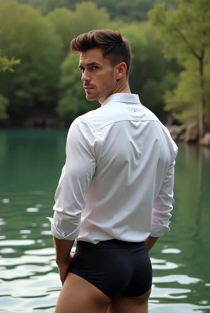 A white man, at 33 years old, model type, with short dark hair, with clear eyes, wearing a full white shirt and black boxers, standing backwards, looking at the camera and showing her ass in a lake in Alentejo