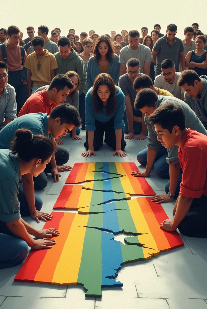 Crowd of people are on their knees with a broken rainbow sign on the ground