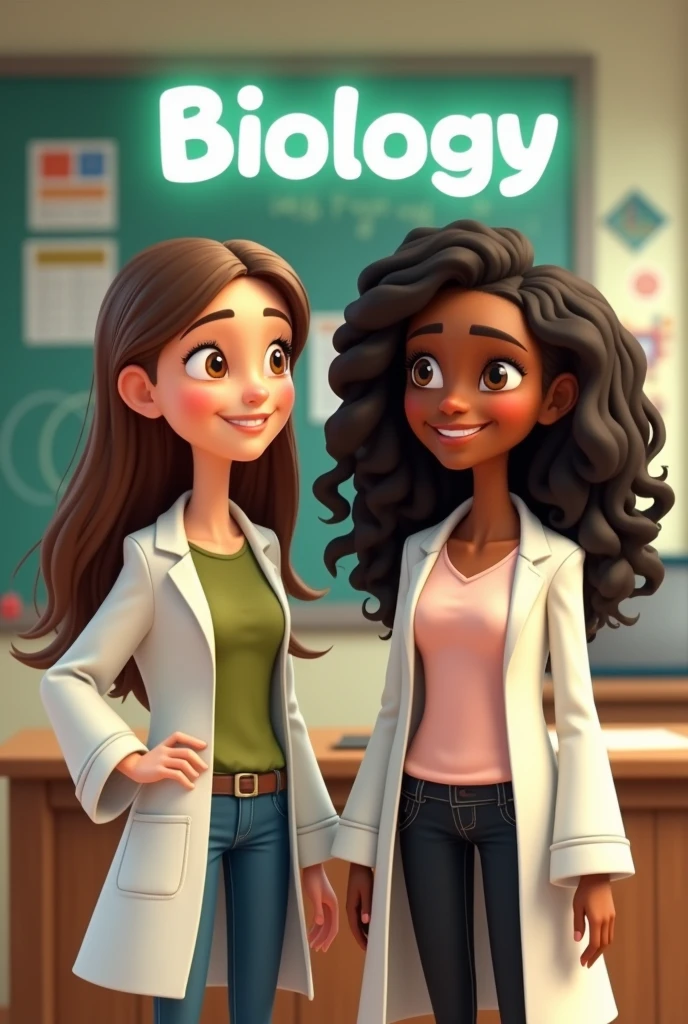 Two elementary school teachers in biology class, the first teacher in a white coat and a moss green shirt with long batwing sleeves, and jeans pants, Her skin is white, her nose is turned up, her lips are pink, her lower lip is medium thick, and her upper lip is small., medium light brown eyes, bushy eyebrows and long straight hair and the other teacher had light brown skin with round dark brown eyes, lips shaped like a cupid's bow medium thick, round nose with a tip dressed in a white coat with a pale pink blouse and black jeans and the color of her long curly hair is dark brown with a smile and black glasses on the rim, and say biology , la imagen animada de Disney and say biology en letras de titulo