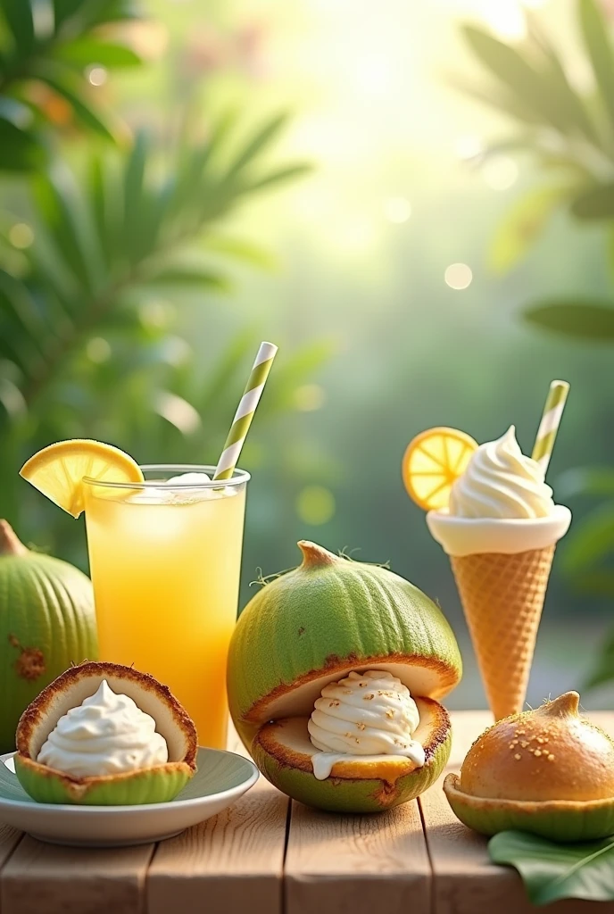 Buko juice, buko salad, ice cream buko in a bun and cone product  more realistic 