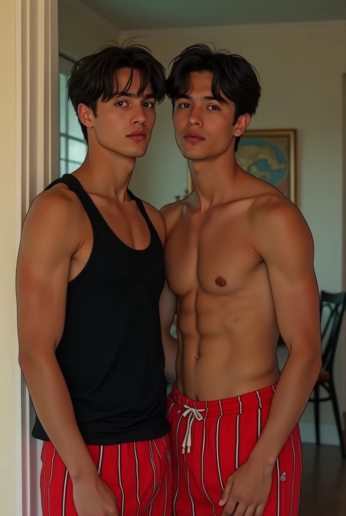 A 27 years old boy  in tank top under vest and 
wide  red colour stripline on tank top under vest and were black trunk underwear and  wide  red colour stripline on underwear  with one boy friend in same clothes and were black tank top under vestin home