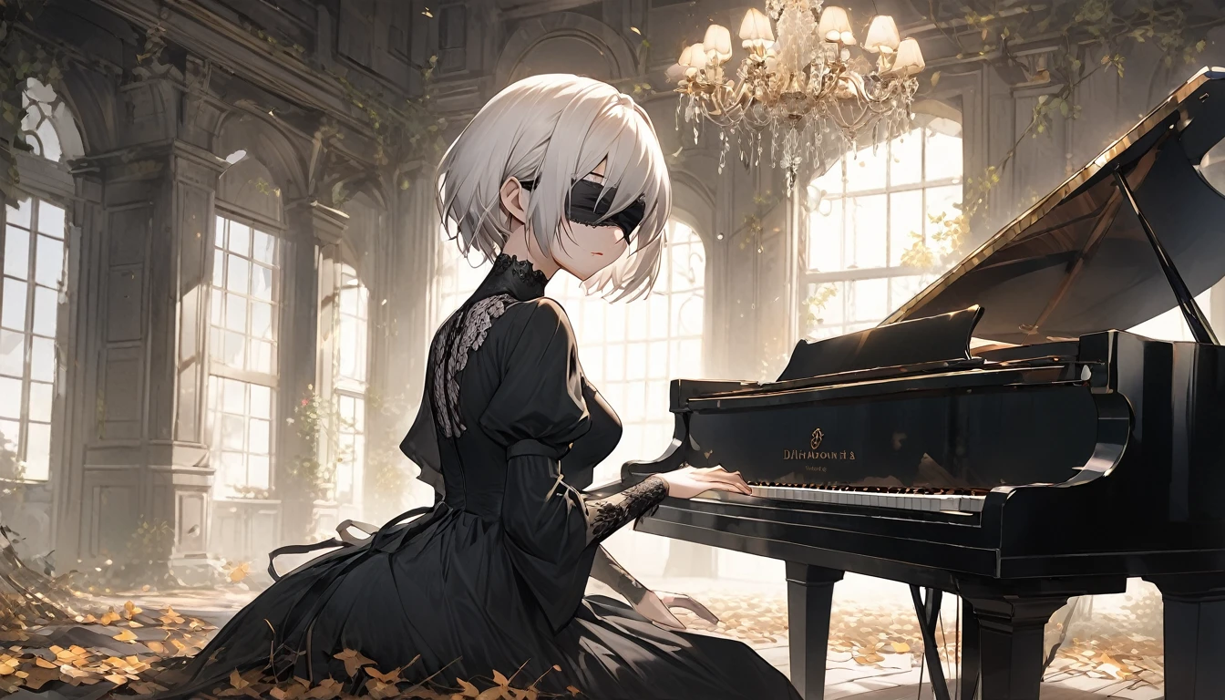 Create an image of 2B from NieR: Automata, seated gracefully at a grand piano. She is wearing her signature black dress with intricate lace detailing and thigh-high boots. Her white hair, slightly tousled, frames her face as she gazes intently at the piano keys, her blindfold pushed up to reveal her striking eyes, which convey a sense of calm and focus. The setting is a grand, dimly lit room with soft ambient light filtering through tall, arched windows, casting long shadows across the polished wooden floor. The piano is a sleek, glossy black, reflecting the room’s elegant features. 2B’s delicate fingers dance over the keys, her serene expression highlighting her high cheekbones and soft lips. The sheet music in front of her is slightly ruffled, hinting at a piece she’s deeply immersed in. Around the room, there are faint remnants of nature reclaiming the space, with small vines creeping along the window sills and a few fallen leaves scattered on the floor. In the background, a large, ornate chandelier hangs from the ceiling, adding a touch of sophistication to the scene. The color palette is a mix of soft grays, blacks, and whites, with subtle hints of green from the vines. The overall atmosphere is tranquil and introspective, capturing a moment of peace and beauty amidst the post-apocalyptic world of NieR: Automata.