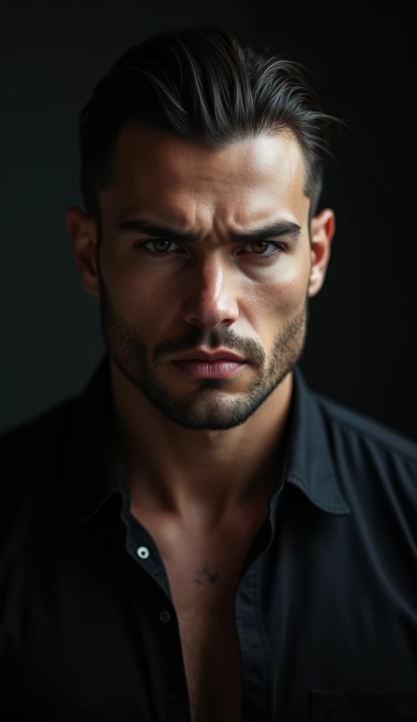 He looked relatively young with black eyes, who looked at me intensely. His slick back undercut styled hair, the broad body, the black shirt with two open buttons at the top and rolled up sleeves gave him an attractive, but also dangerous appearance. A striking face, which was characterized by a certain coldness, suggested, that this man was not easy to understand. His gaze was piercing, and his grin revealed a certain self-confidence, that caught my attention, dark background