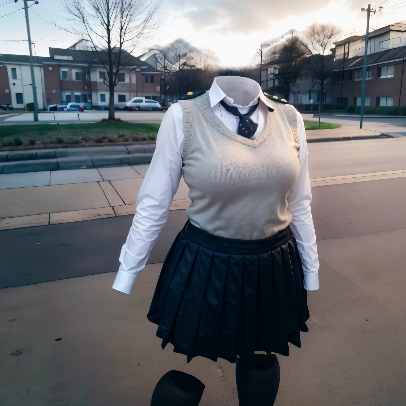 (invisible, no humans, headless, handless, faceless:1.5),cute big breasts, dynamic angle, kibito high school uniform, school uniform, sweater vest, white shirt, pleated skirt, striped necktie, collared shirt, black jacket, black skirt, long sleeves, school uniform, black socks, sarashina ruka, best quality, high resolution, (8k, RAW photo, best quality, masterpiece:1.2), (realistic, photo-realistic:1.37), photon mapping, radiosity, ((Hasselblad photography)), physically-based rendering