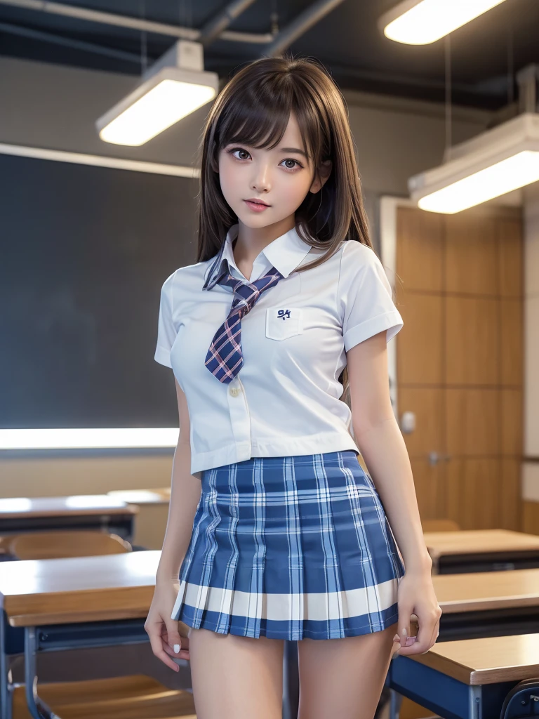 Product quality,1 girl,((Shooting from below:1.4)),((Thigh Emphasis:1.4)),Young and cute Japanese,Daytime, ((High school classroom:1.2)),White short sleeve shirt,Schoolgirl uniform,blazer, ((Ultra short checkered blue micro mini skirt:1.5)),No underwear,Very cute face,Glossy Lips,Beautiful big eyes,Brown eyes,Double eyelids on both eyes,(Natural Makeup),shiny smooth light brown long hair,,,Asymmetrical bangs,Floating Hair NovaFrog Style,Center image,8k resolution,Attention to detail,Detailed hairstyle,Detailed face,Cinema Lighting,Octane Rendering,Ultra-realistic,Perfect limbs,Beautiful legs,Voluptuous thighs,Huge breasts,Perfect Anatomy,Spread your legs,((Provocative dynamic pose:1.5)),Skirt flip,