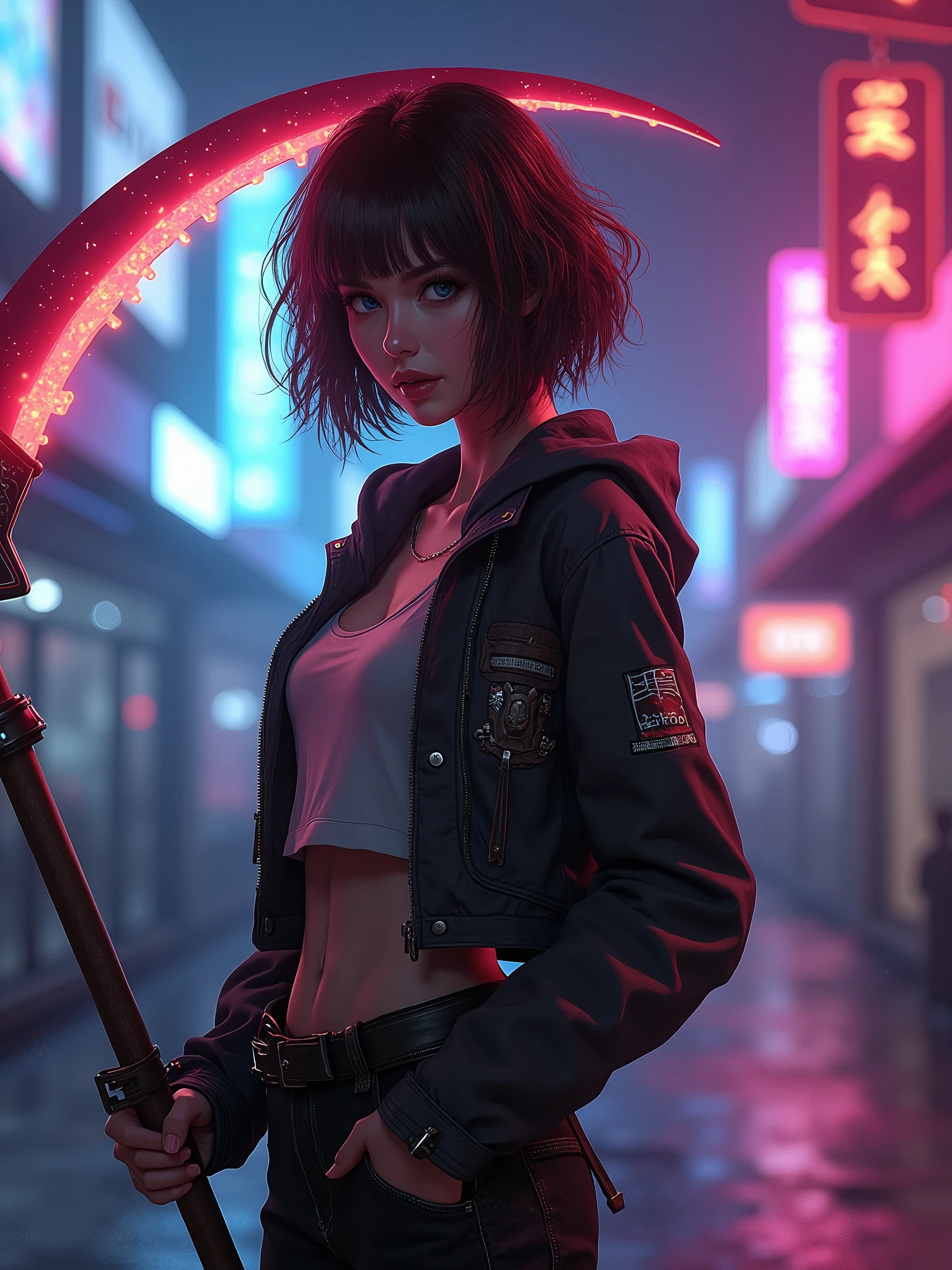 A reaper girl, 23 years old, carrying a scythe,brown short hair, 8k, highest quality, fantasy, vibrant colors, futuristic, brown skin, beautiful casual clothes, neon color, night vision