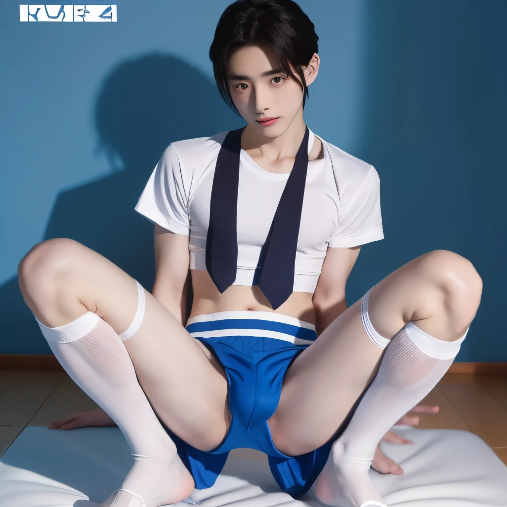 Korean handsome male idol,, Penis Panties,Necktie Uniform, White crop top, A handsome man, Squatting position with legs spread, Mating slave for water, pregnant woman, Adonis, Skinny body type, skinny body type, sailor uniform, Filming porn, penis visible, stockings, weak man, Became a toy,