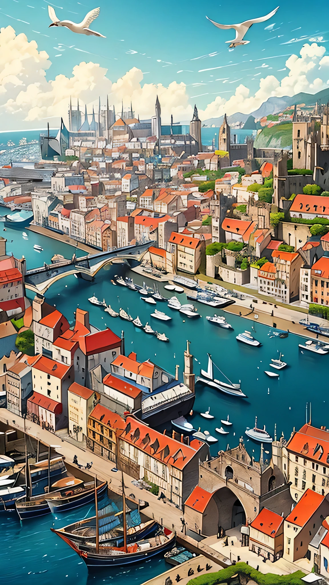 A detailed illustration of a bustling medieval port city with numerous ships docked, inspired by Renaissance maritime paintings, featuring intricate architectural details, vibrant market stalls, seagulls soaring overhead, daylight