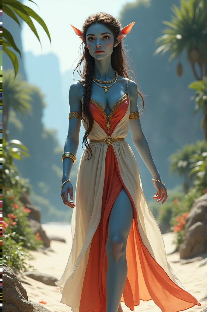 Royal style Avatar omaticaya, A beautiful Na'vi girl with long brown hair with some braids tied in a low ponytail and two strands on the sides, with brown eyes with a dreamy look, reddish lips with long eyelashes, light blue skin with thin face, whole body, She wears a fine white and red dress fabric, She has a pearl necklace.
The scenery was beautiful in Pandora, She was walking happily along the beach.