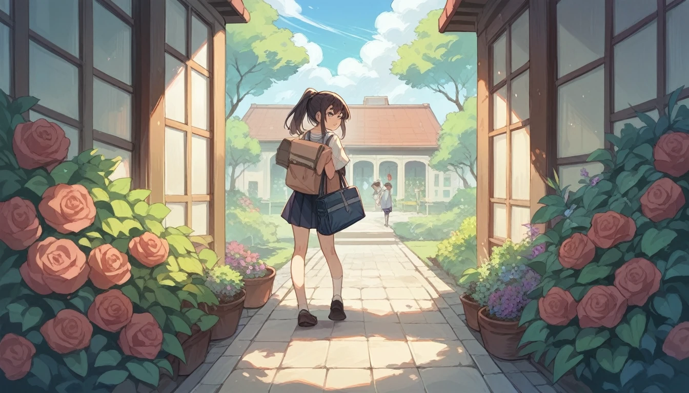 Highest quality,high school girl,ponytail,Carrying a bag,garden