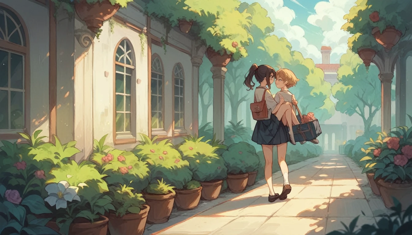 Highest quality,high school girl,ponytail,Carrying a bag,garden