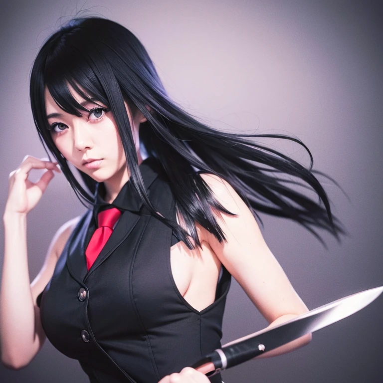 a black-haired woman with black hair and a red tie holding a knife, anime vibes, anime aesthetic, 8 0s anime atmosphere, 1 7  anime gothic girl, anime inspired, anime style mezclado con fujifilm, 9 0 s anime aesthetic, anime girl in real life, cartoon character; Full body art with big breast, anime style, aesthetic anime, psycho anime, good body 