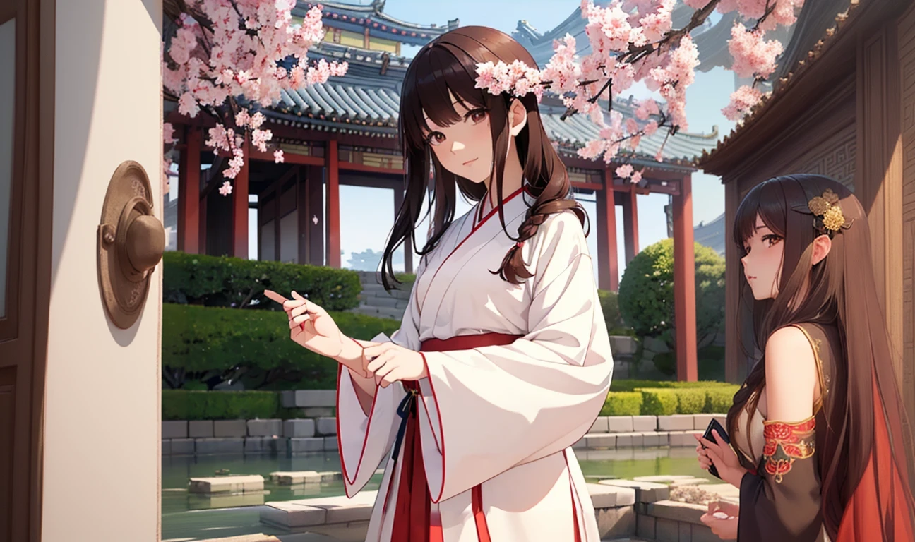 A woman in a white and red dress is holding a mobile phone。, palace ， Girl in Han Dress, White Hanfu, Flowing hair and long robes, Gwaiz, artwork in the style of Gwaiz, Beautiful Anime, Beautiful Anime肖像画, Wearing ancient Chinese costumes, Anime Style 4k, Smooth anime CG art, Trending on cgstation