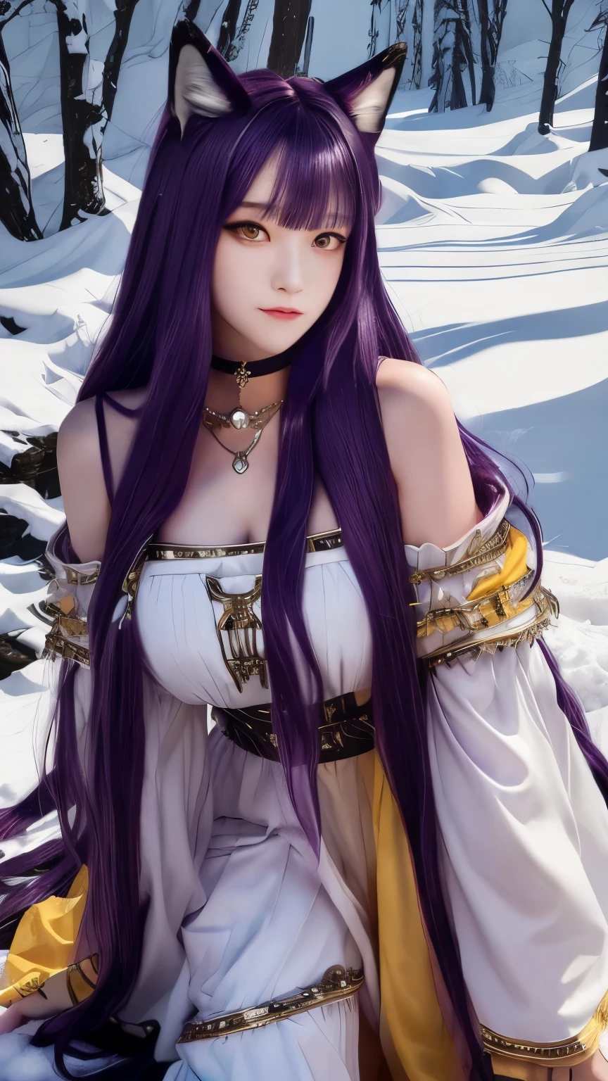 Fenrir, purple hair, long hair, yellow eyes, wolf ears, white dress, portrait, upper body