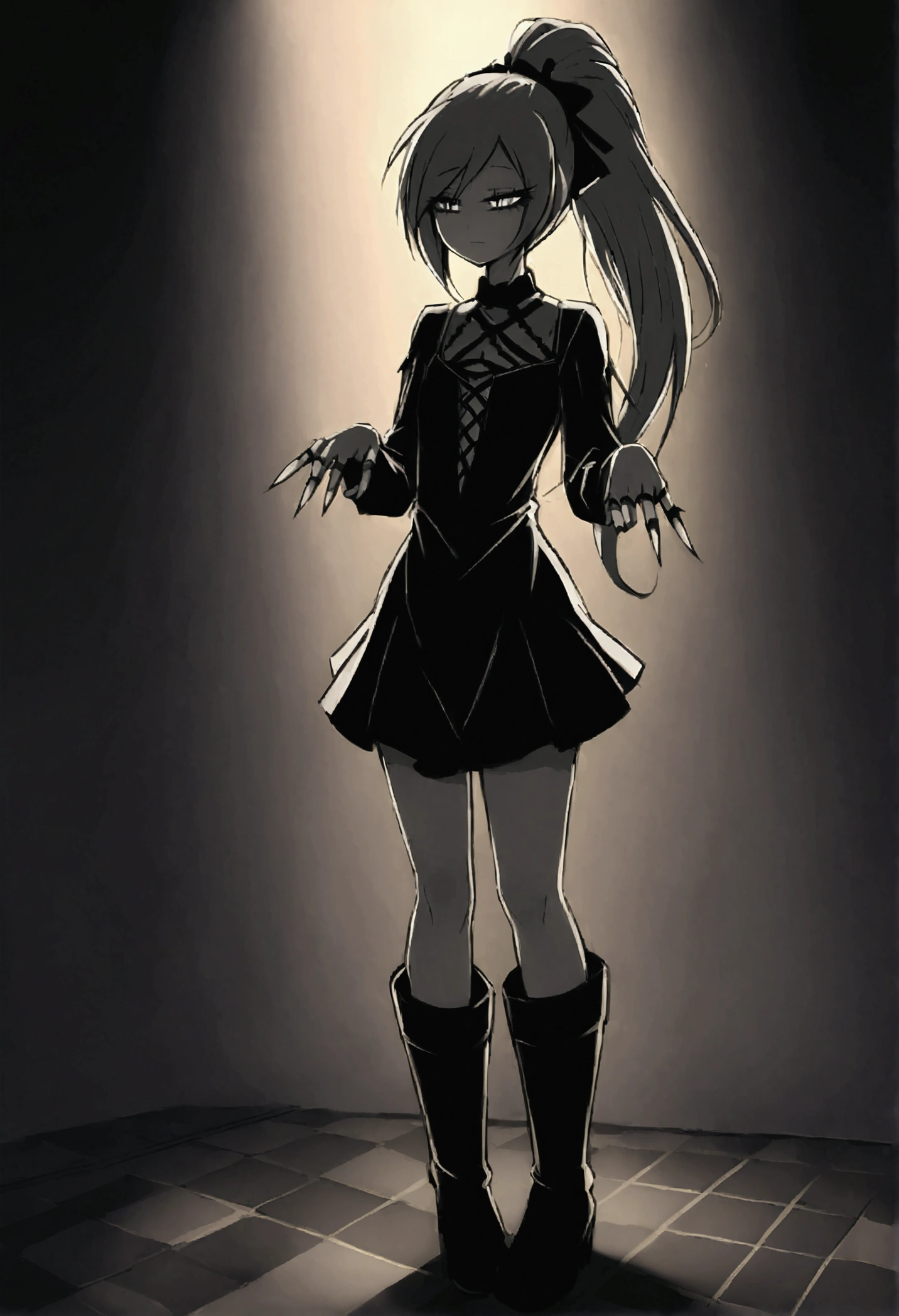 fluttershy (mlp) gothic, hair tied in a ponytail, Ear Body Piercing, wearing a short dress, High gray boots, rings on the fingers, half-closed eyes