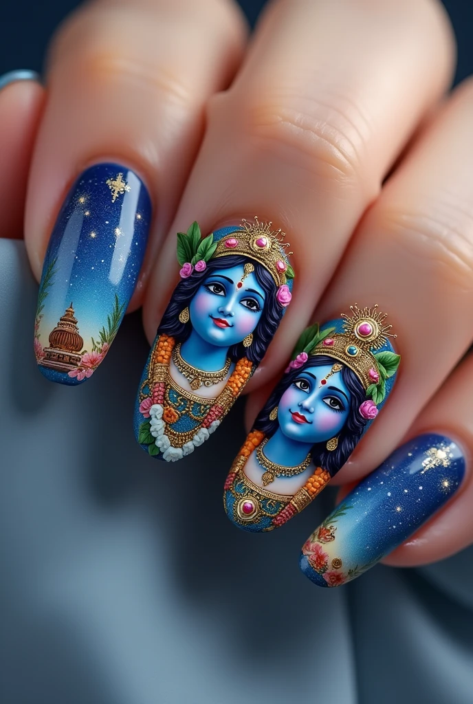 Give nail extension art on the theme based on krishna Janmashtami 