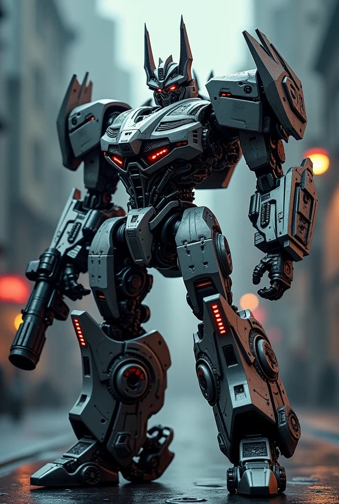 1 extremely detailed megatron decepticon robot. Organic form , highly detailed cybernetic mech, intricate biomechanical machinery, industrial metallic textures, complex sci-fi design, Megatron Nissan GT-R 35 striking pose, intense expression, glowing energy effects.samurai head, bat form . dramatic cinematic lighting, epic dramatic composition, moody dark color palette, (best quality,4k,8k,highres,masterpiece:1.2),ultra-detailed,(realistic,photorealistic,photo-realistic:1.3. bazooka on hand. Police stripe. White black. Police sirens. Michael bay. Travis Scott.