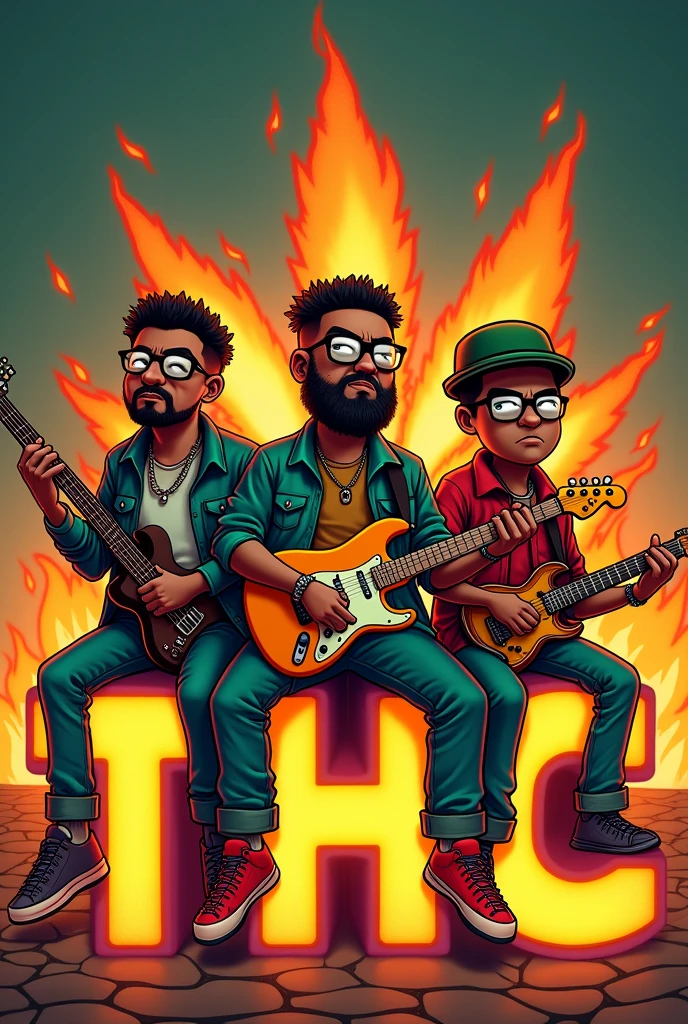Three serious-looking marijuana musicians in a cartoon sitting on fire letters that say THC with instruments in hand, one chubby dark-skinned with a beard and one skinny dark-skinned and one short with a big mustache 
