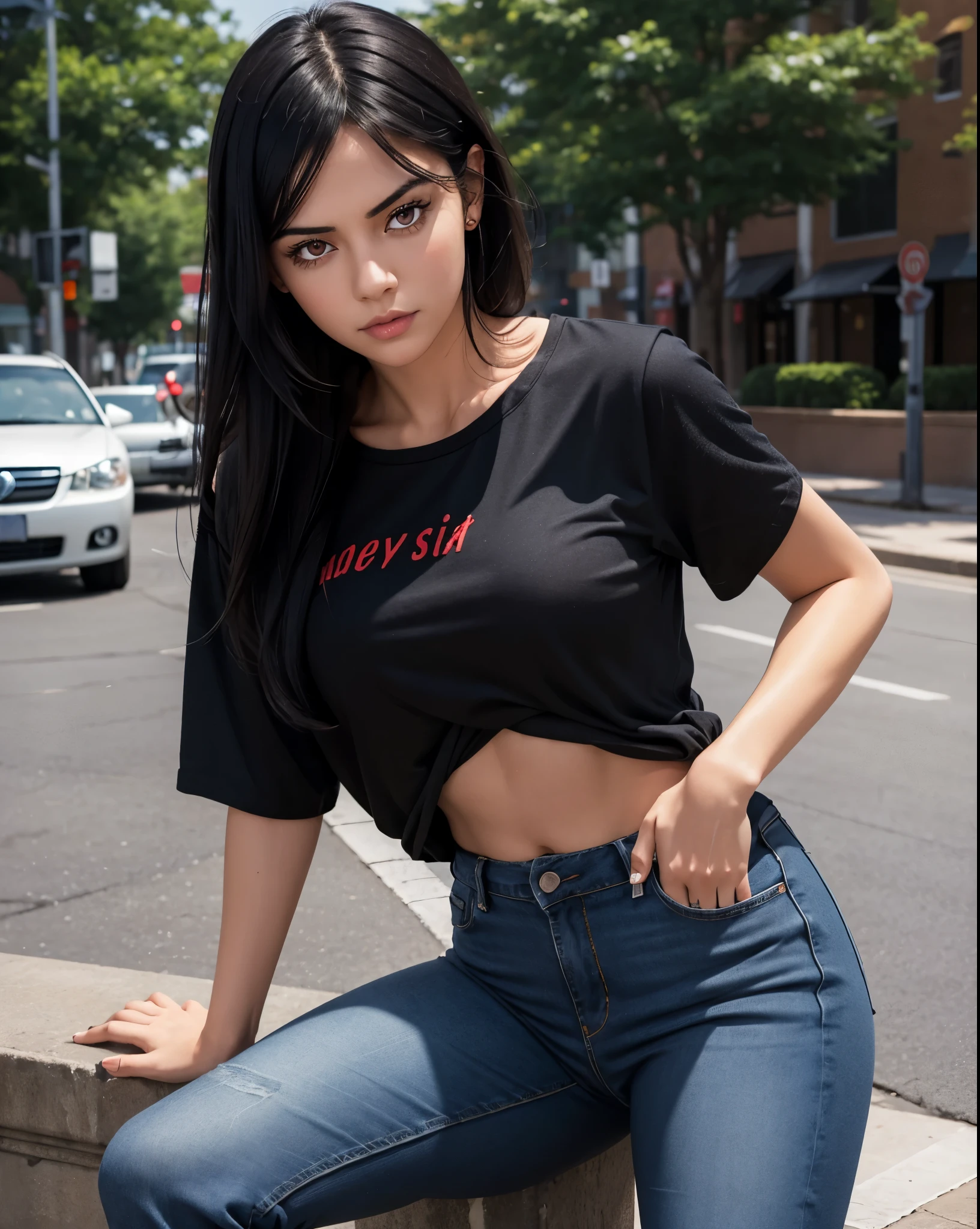 a sexy girl,  dark black hair, loose hair, Red eyes, casual clothes, annoyed, head on, black shirt, blue jeans, pose sexy